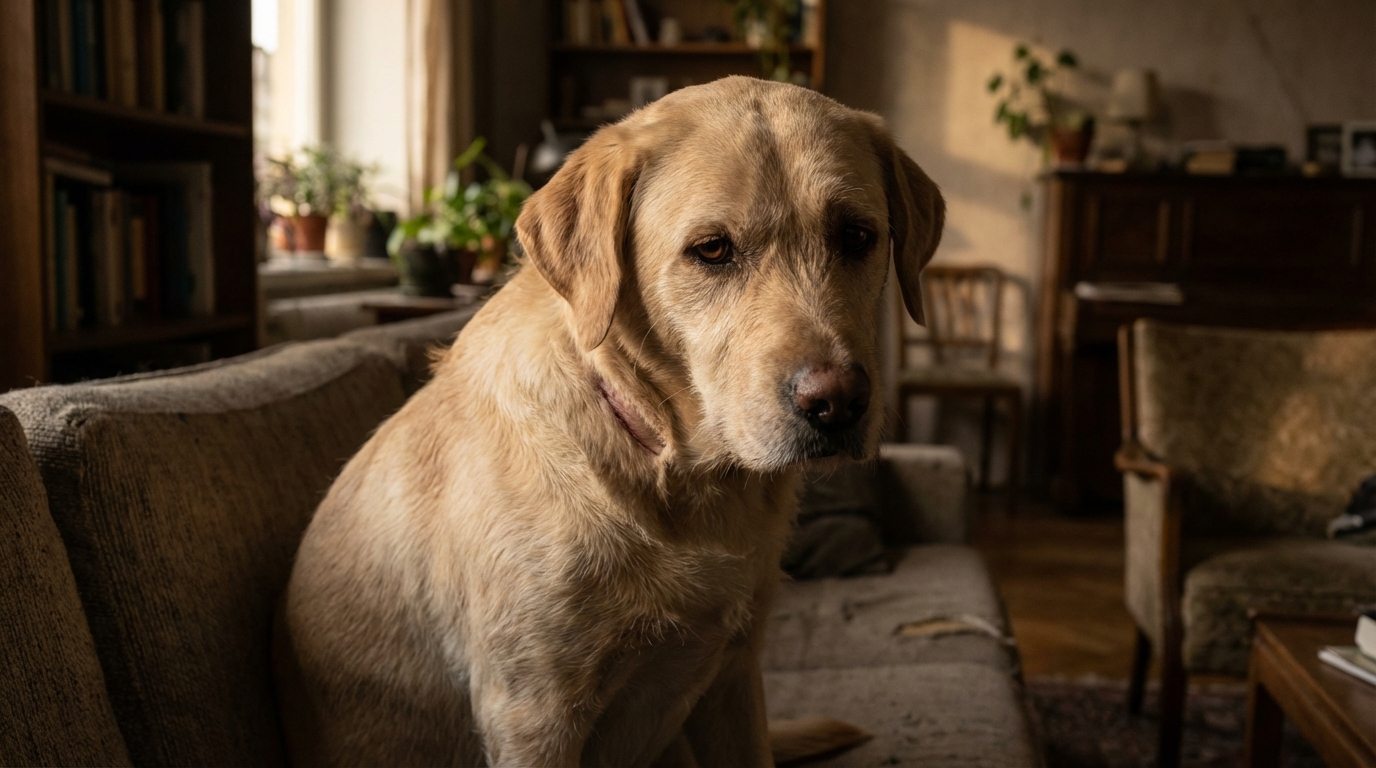 Un chien au regard triste et mélancolique, symbolisant les animaux victimes de la violence domestique et l'attente de la justice.