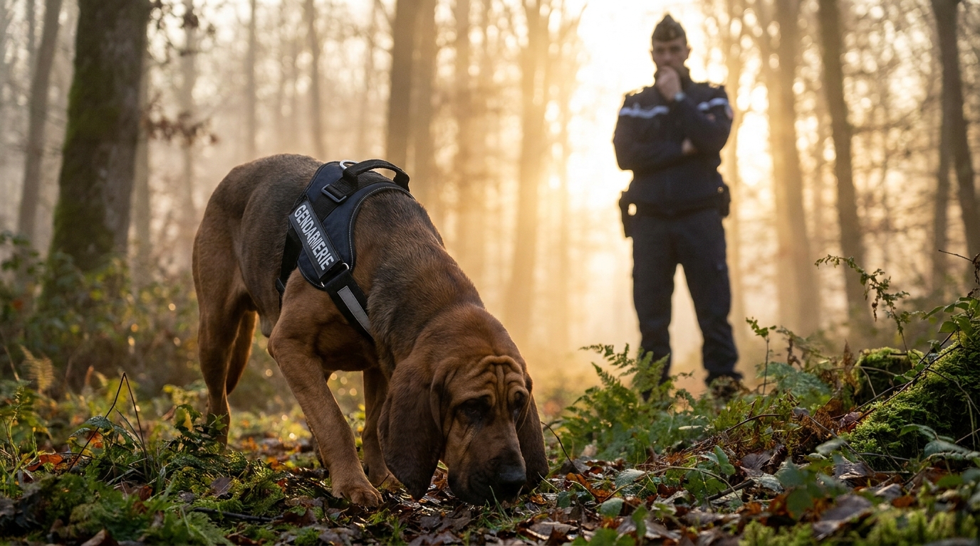 Un chien de Saint-Hubert au regard concentré, portant un harnais de travail, aux côtés d'un gendarme lors d'une recherche en forêt.