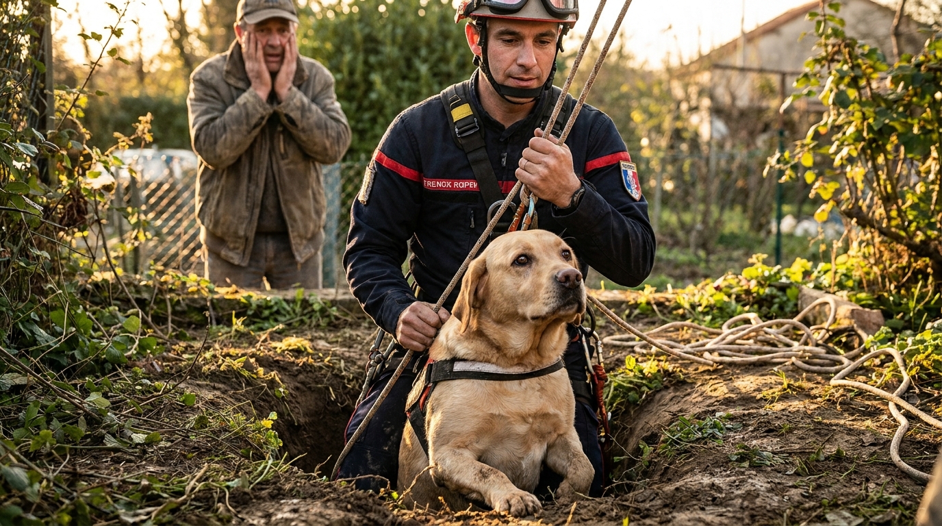 Un pompier du GRIMP remonte délicatement un chien d'une excavation profonde, sous le regard attentif de son propriétaire.