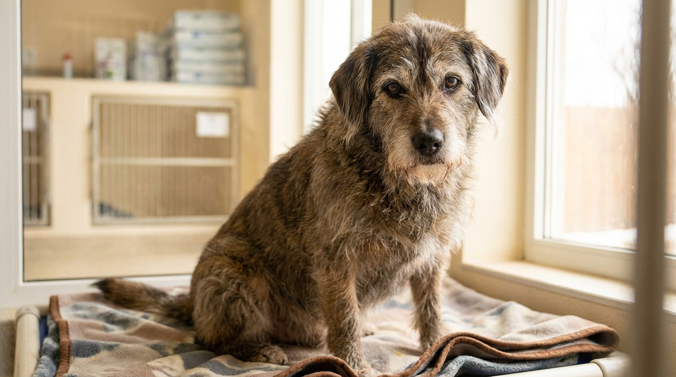 Un chien senior au regard doux et fatigué, assis dans un refuge, attendant de recevoir des soins et de l'affection.