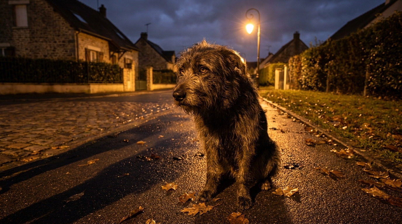 Un chien de type berger, l'air triste et perdu, assis seul sur un trottoir la nuit, sous la lumière d'un lampadaire.
