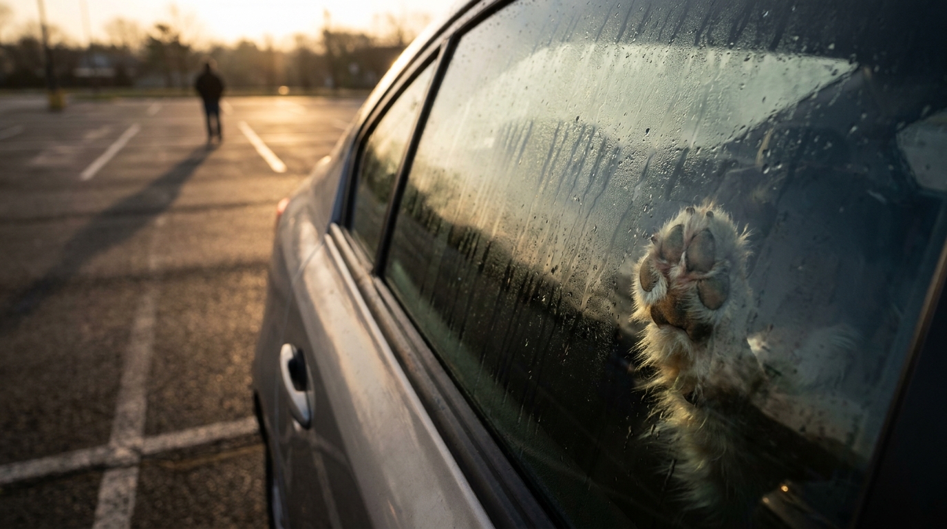 Un chien regarde tristement par la fenêtre d'une voiture garée sur un parking, illustrant le danger des animaux laissés seuls dans un véhicule.