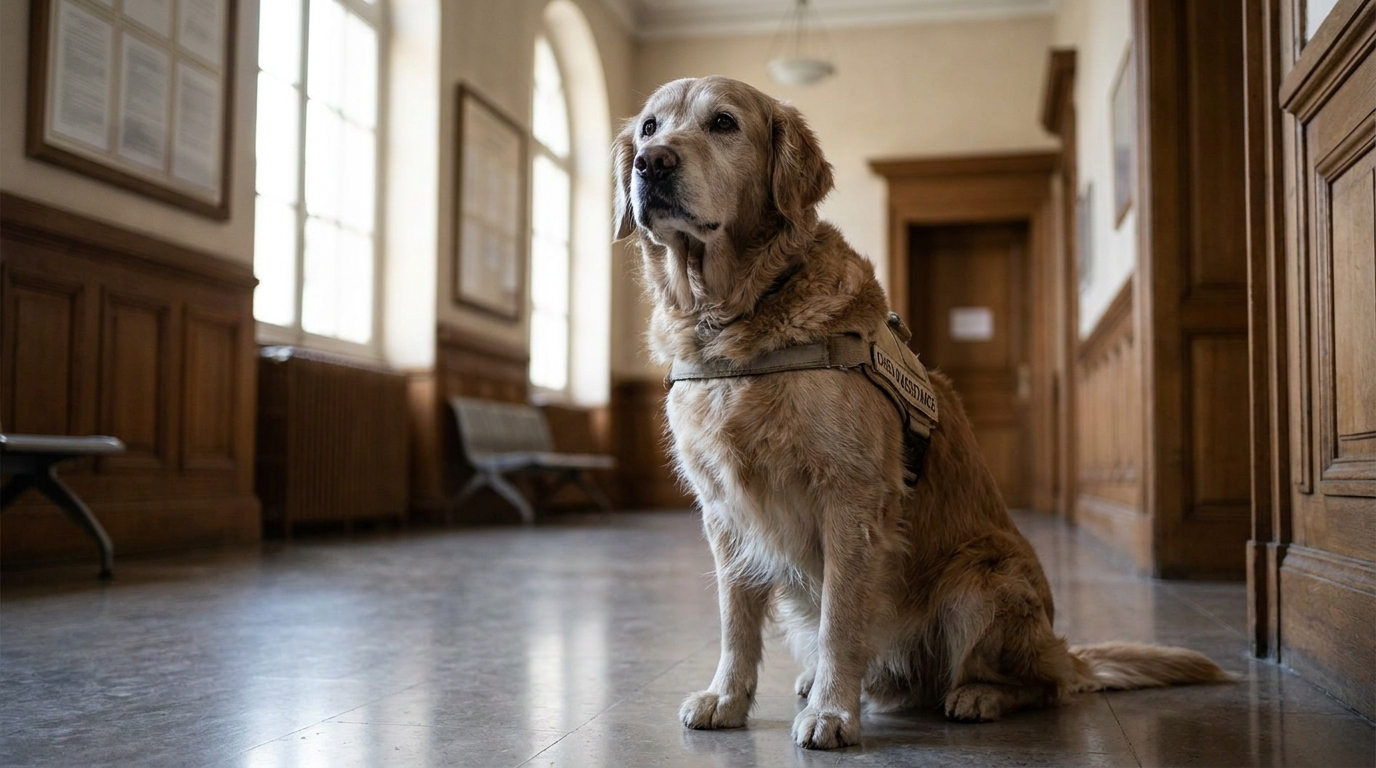 Un Golden Retriever calme et bienveillant, portant un harnais de service, assis dans un couloir de tribunal sobre et lumineux.
