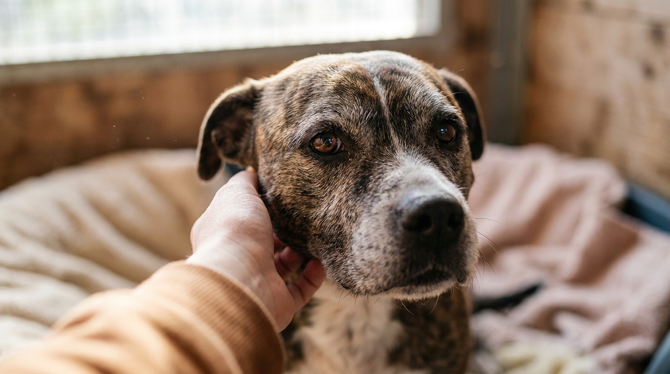 Un chien de type Staffie au regard triste mais plein d'espoir, photographié après son sauvetage par une association.