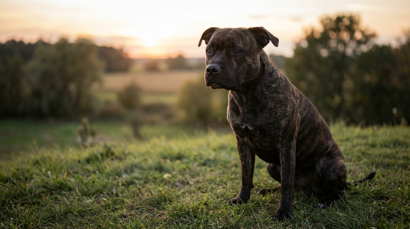 Un chien de type staffy au regard mélancolique, symbolisant la tristesse et l'injustice de l'acte de cruauté subi en Gironde.
