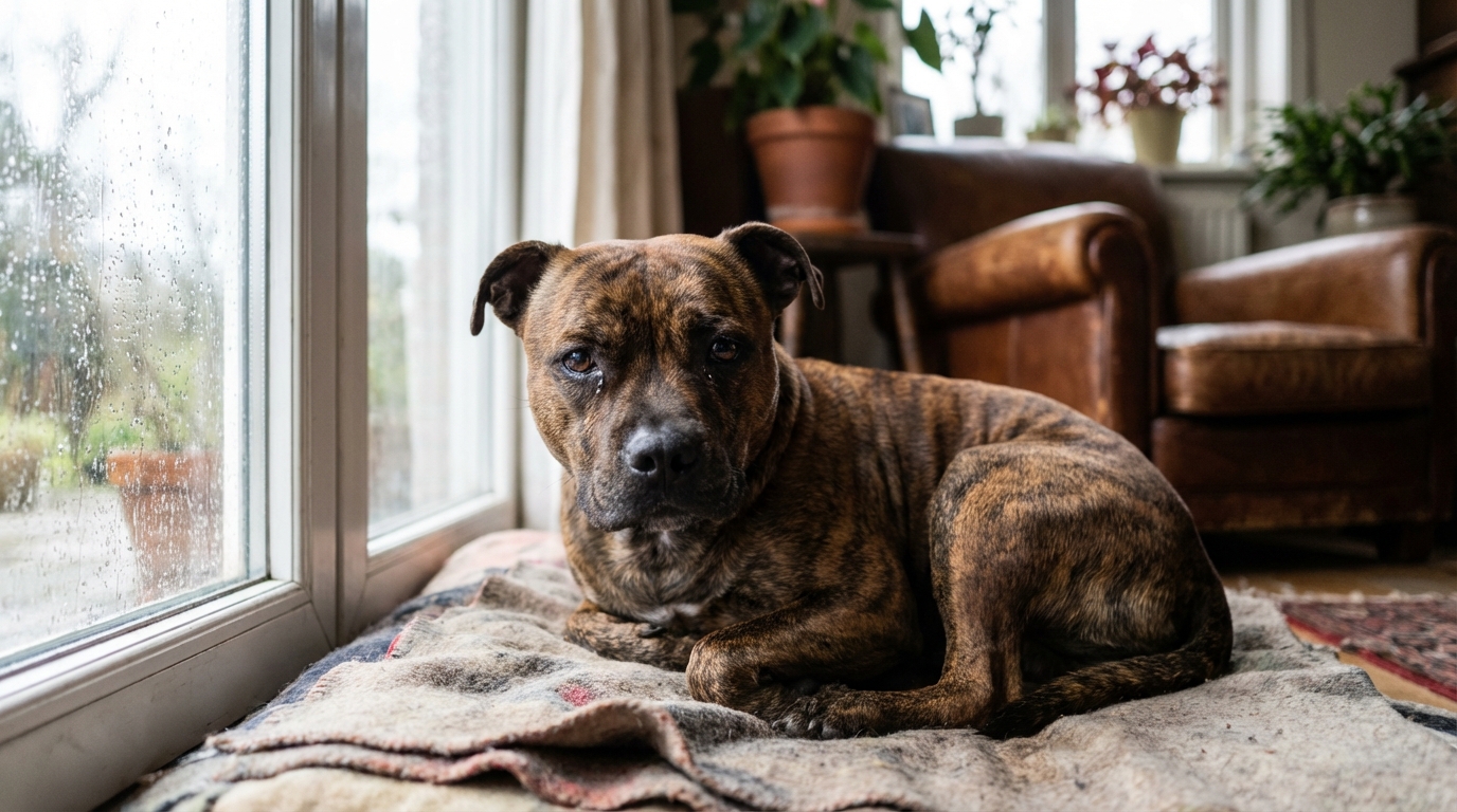 Un chien de type Staffordshire Bull Terrier au regard triste, symbolisant la victime de l'acte de cruauté survenu en Gironde.