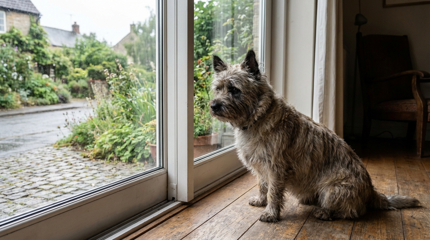 Un cairn terrier regarde tristement à travers une fenêtre, symbolisant la peur des animaux dans un village touché par des empoisonnements.