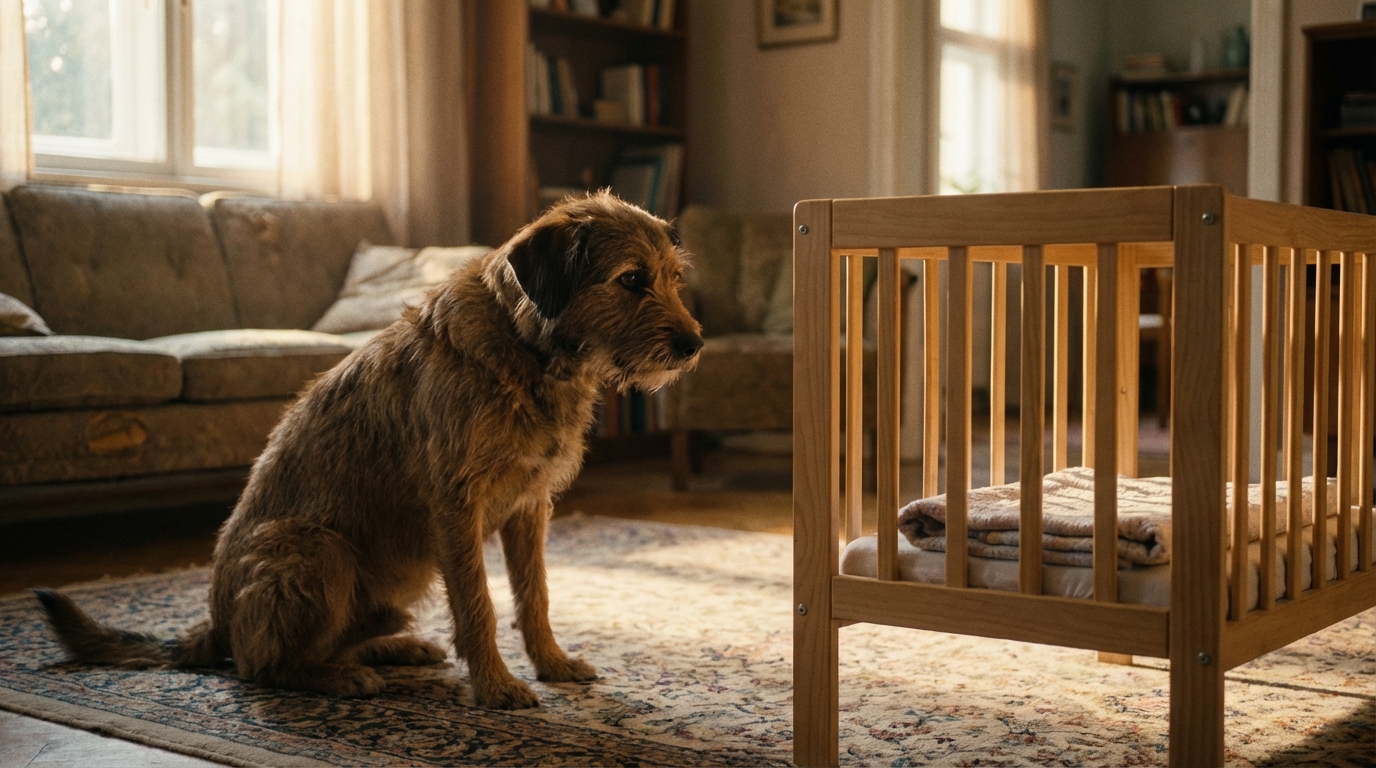 Un chien de race mixte au regard triste, assis sur le sol près d'un berceau vide, symbolisant la perte et le drame familial.