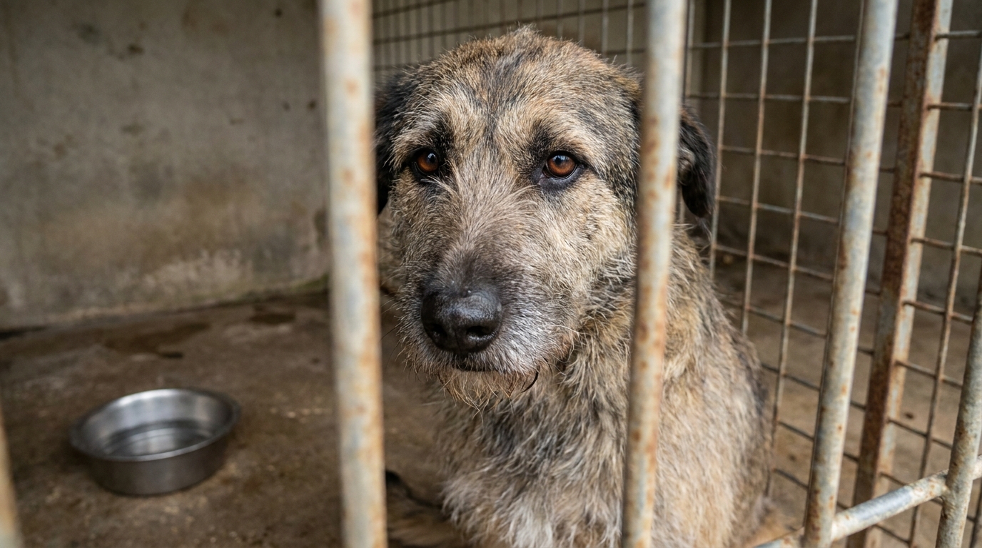 Un chien au regard triste et plein d'espoir attend dans son box dans un refuge animalier en France, symbole de l'urgence financière.