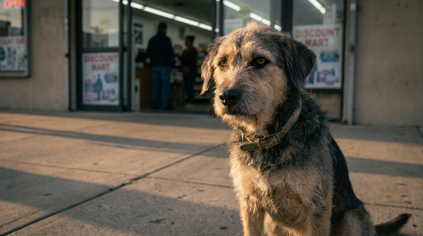 Un chien d'apparence fidèle et un peu triste, assis sur un trottoir devant l'entrée floue d'un supermarché.