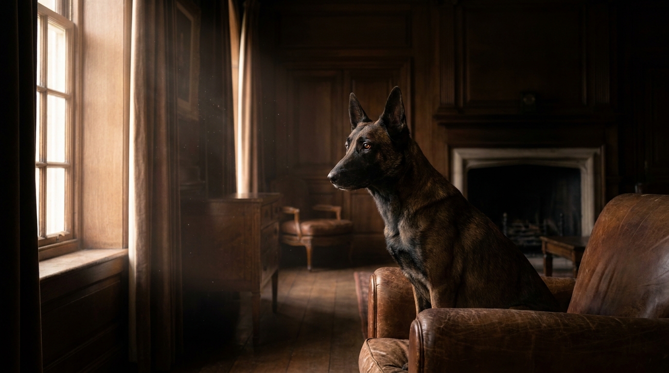Un chien de type berger au regard triste, symbolisant la victime innocente d'un conflit familial et la solitude de l'animal.