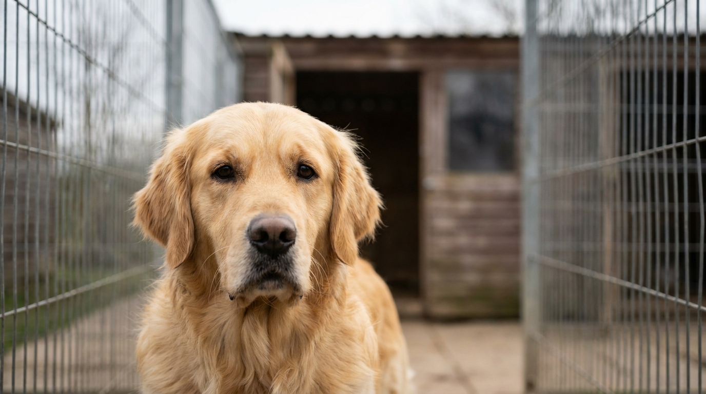 Un chien au regard mélancolique derrière les barreaux d'un chenil, symbolisant la détresse dans une pension inadaptée.