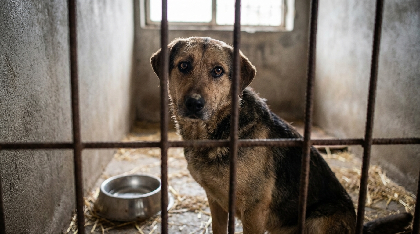 Un chien au regard suppliant derrière les barreaux de son box dans un refuge, à côté d'une gamelle vide, symbolisant l'appel aux dons.