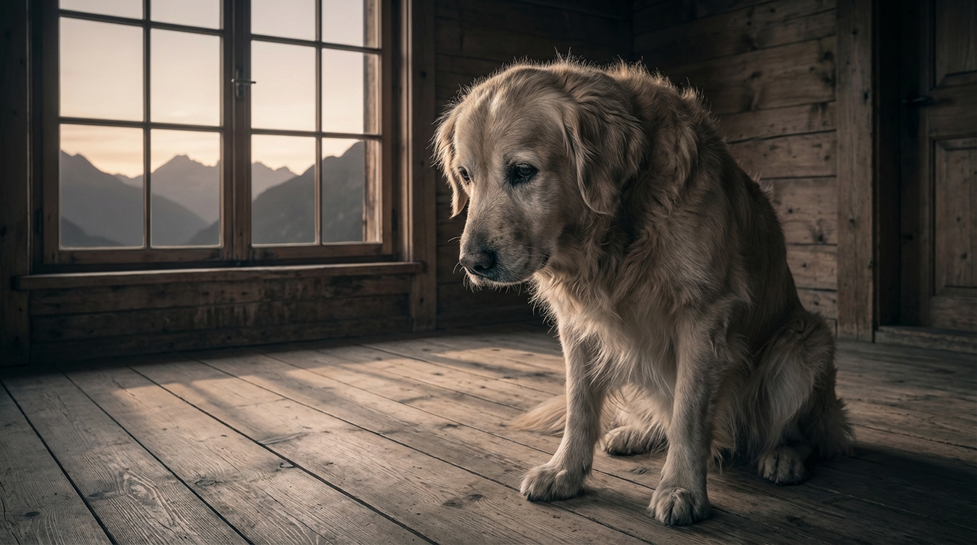 Un chien au regard mélancolique, assis seul, symbolisant la tristesse et la perte d'un animal de compagnie dans un drame.