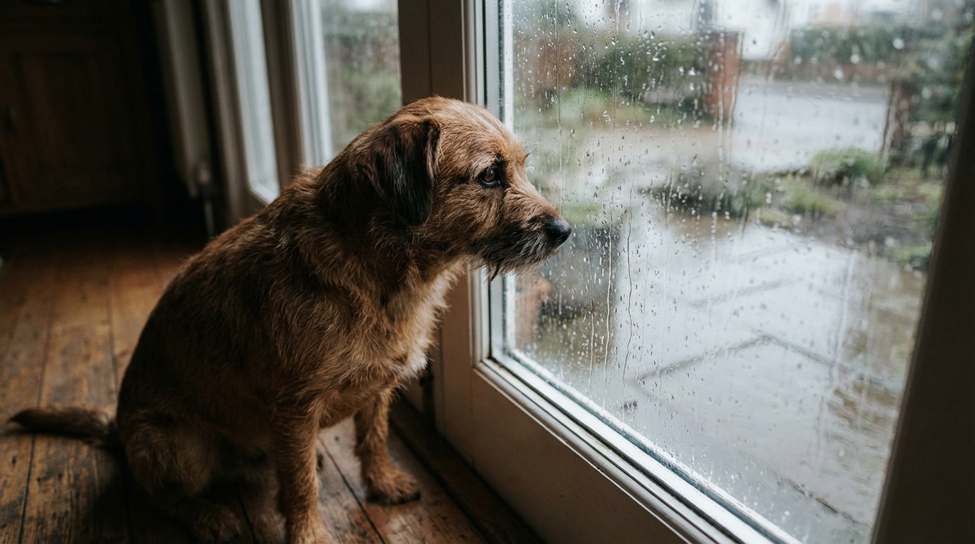 Un chien de type croisé au regard mélancolique, assis seul derrière une fenêtre embuée un jour de pluie, symbolisant la solitude et la tristesse.