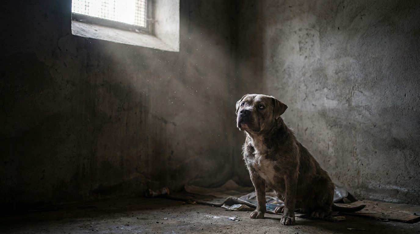 Un chien de type molosse au regard infiniment triste, le poil terne, assis seul dans l'obscurité d'une cave.