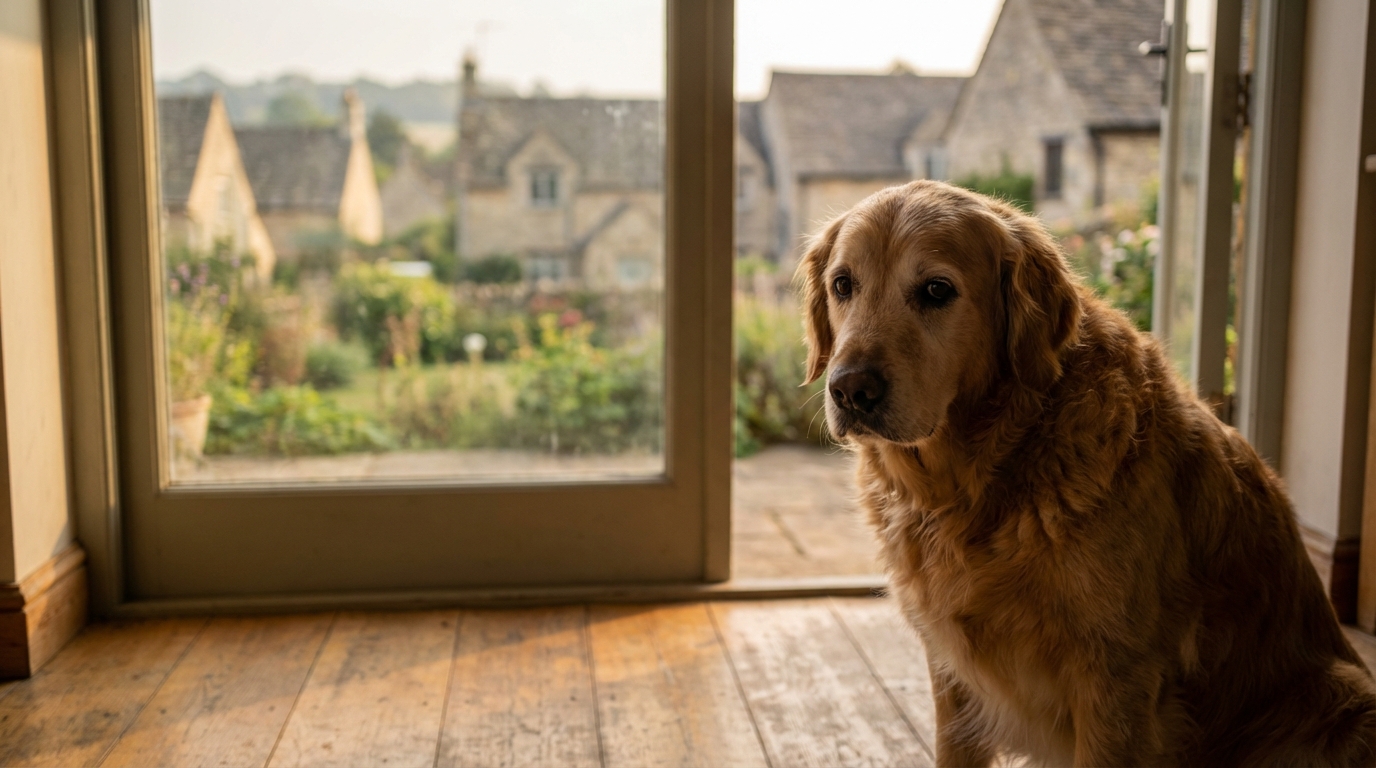Un chien à l'air inquiet et triste regarde à travers une fenêtre, symbolisant la peur des empoisonnements dans un village français.