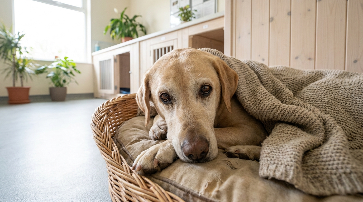 Une chienne âgée et maigre, au regard plein d'espoir, se repose dans un panier douillet au sein d'un refuge pour animaux.