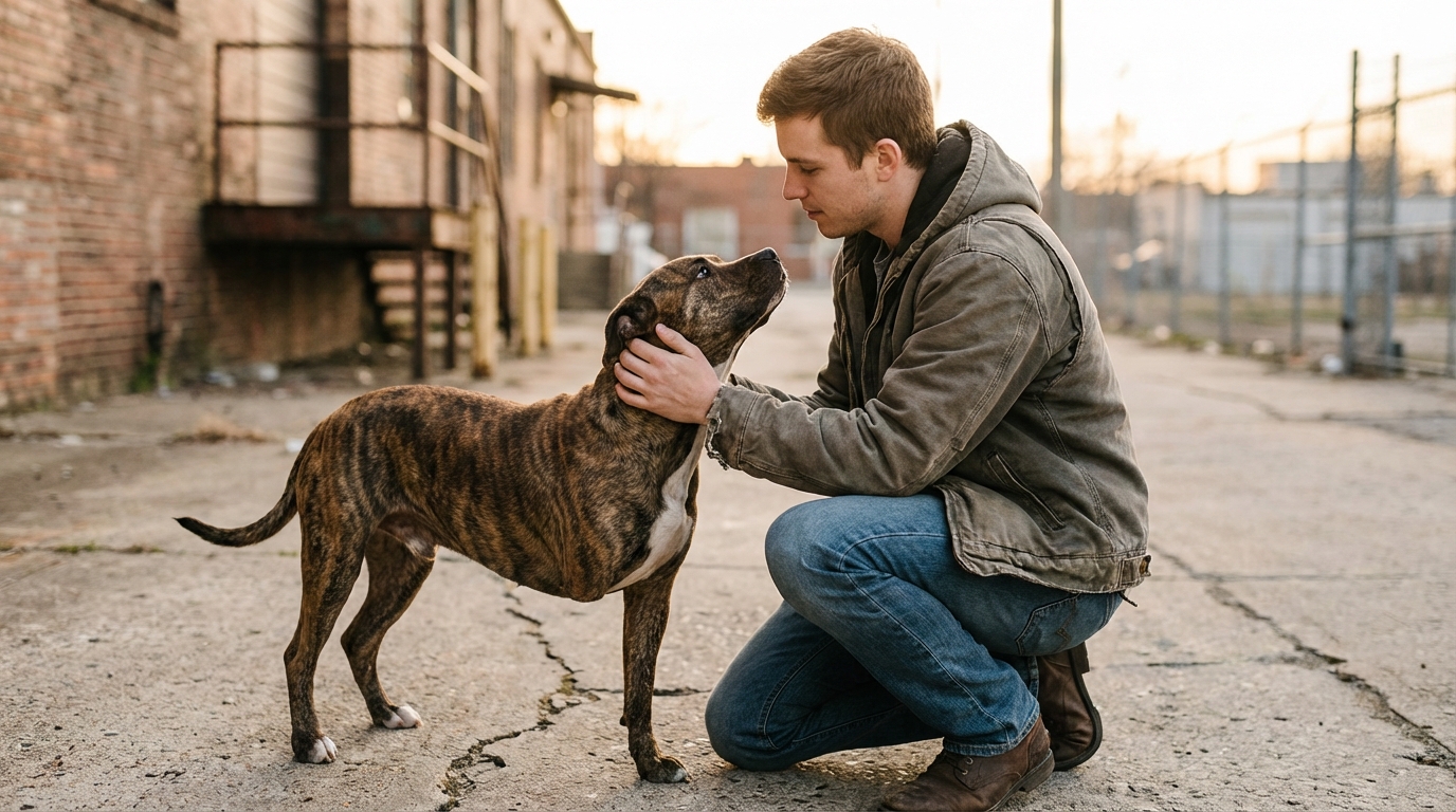 Une adorable chienne à trois pattes, de type Pitbull croisé, regarde avec tendresse un jeune homme qui la caresse doucement.