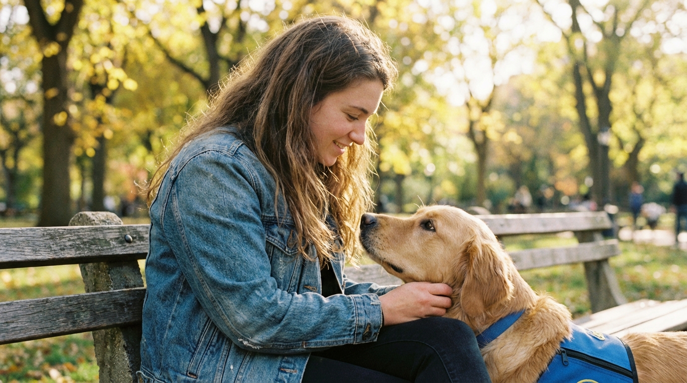 Une jeune femme sourit à sa chienne d'assistance, un labrador sable, qui la regarde avec affection et confiance.