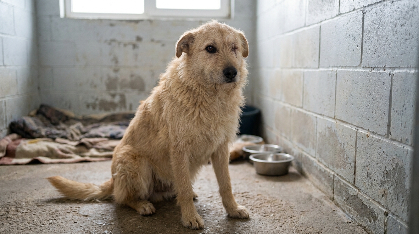 Lucie, une chienne borgne au pelage clair, regarde tristement, symbolisant l'espoir d'une nouvelle vie après la maltraitance.