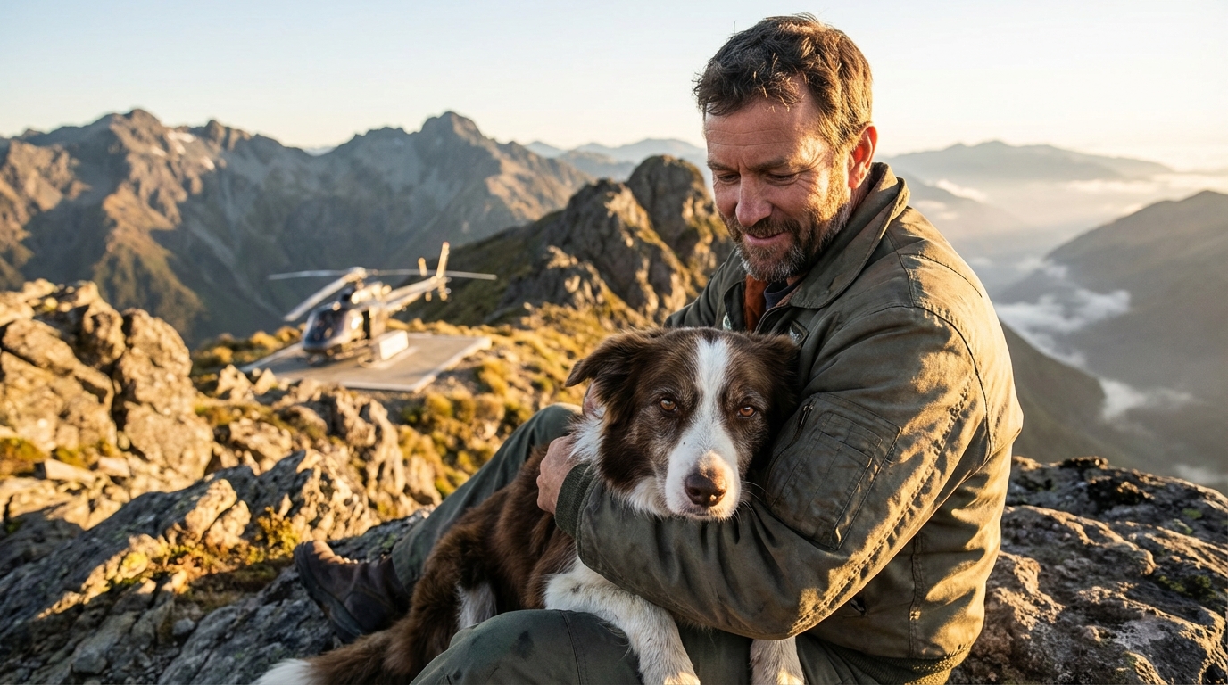Une chienne Border Collie au regard soulagé, assise dans un paysage montagneux, avec un sauveteur bienveillant à ses côtés.