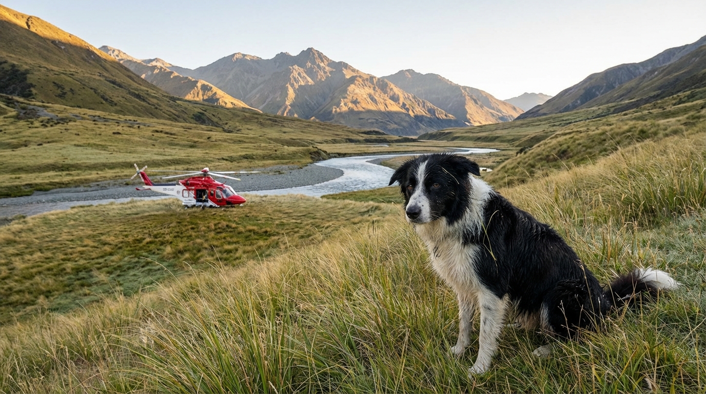 Une chienne Border Collie assise dans un paysage de montagne, regardant au loin avec espoir, après avoir été secourue.