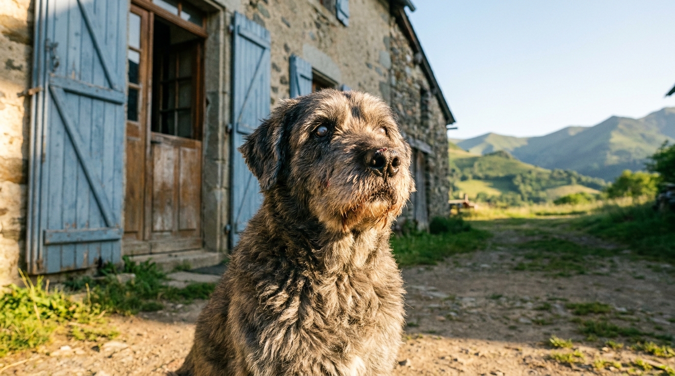 Une vieille chienne de type Bouvier australien, au pelage poivre et sel, assise dans un jardin au crépuscule, l'air alerte et courageux.