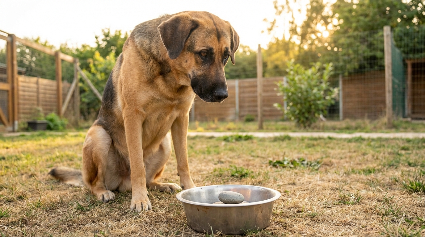 Une chienne de type Berger Dogue regarde tendrement un caillou qu'elle a déposé dans sa gamelle vide dans un refuge.