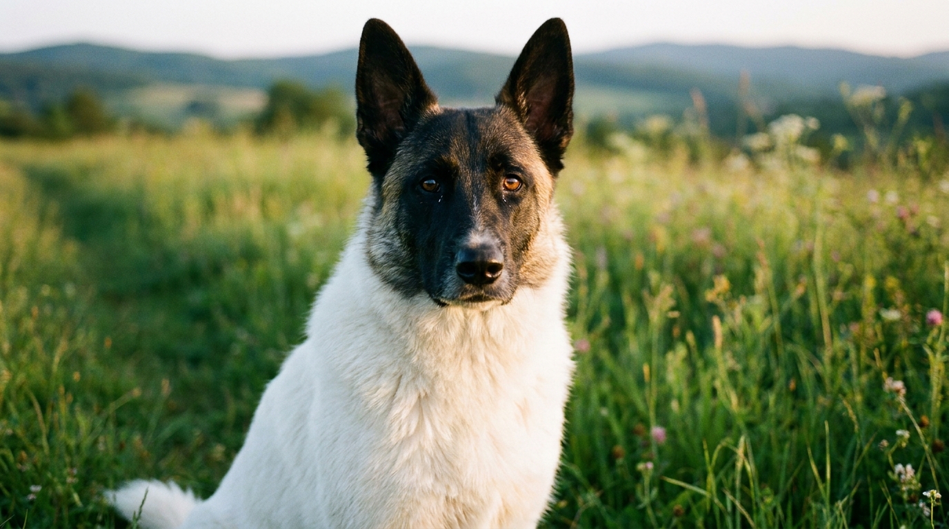 Une jeune chienne croisée Montagne des Pyrénées et Malinois assise dans l'herbe, regardant l'objectif avec un air d'espoir et de tristesse.