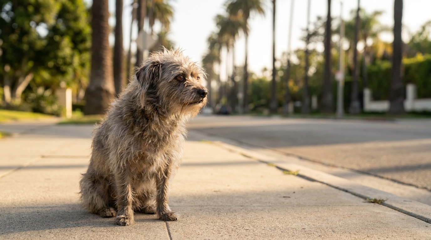 Une petite chienne au regard triste, assise seule sur un trottoir urbain, semblant attendre le retour de quelqu'un.