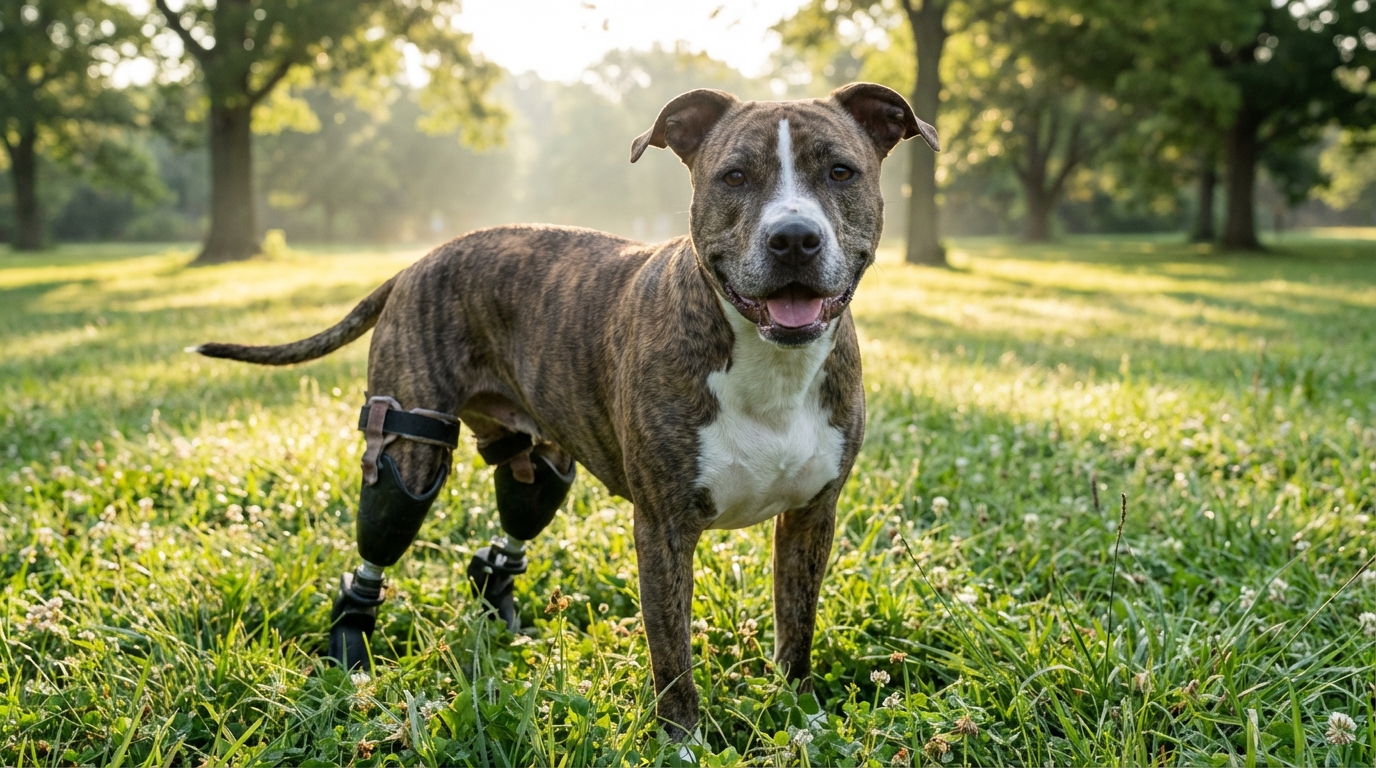 Betty, une chienne Pitbull courageuse, se tenant fièrement avec ses nouvelles prothèses orthopédiques sur ses pattes arrière.