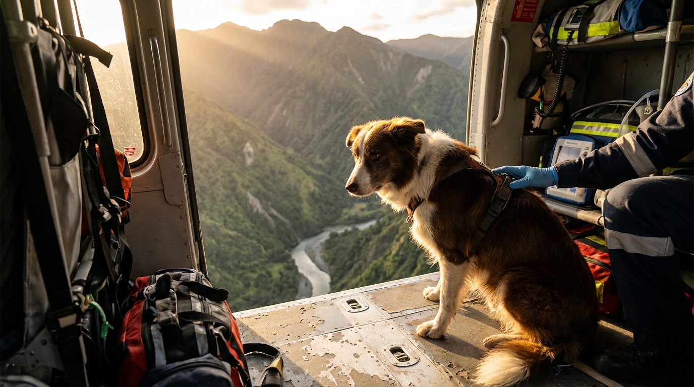 Une chienne de type border collie assise dans un hélicoptère de sauvetage, regardant avec espoir par la fenêtre ouverte.