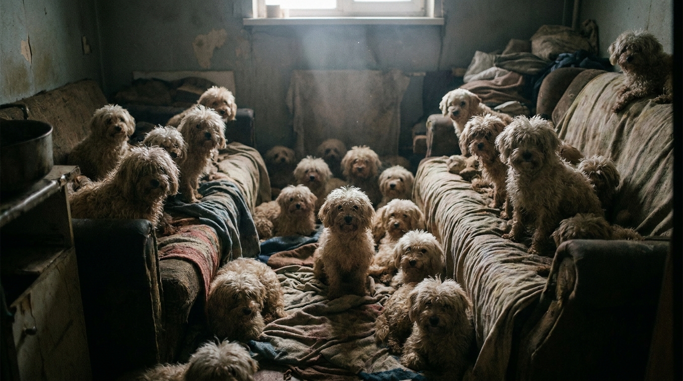 Une vue plongeante sur des dizaines de chiens, principalement des croisés caniches, entassés dans un espace restreint.