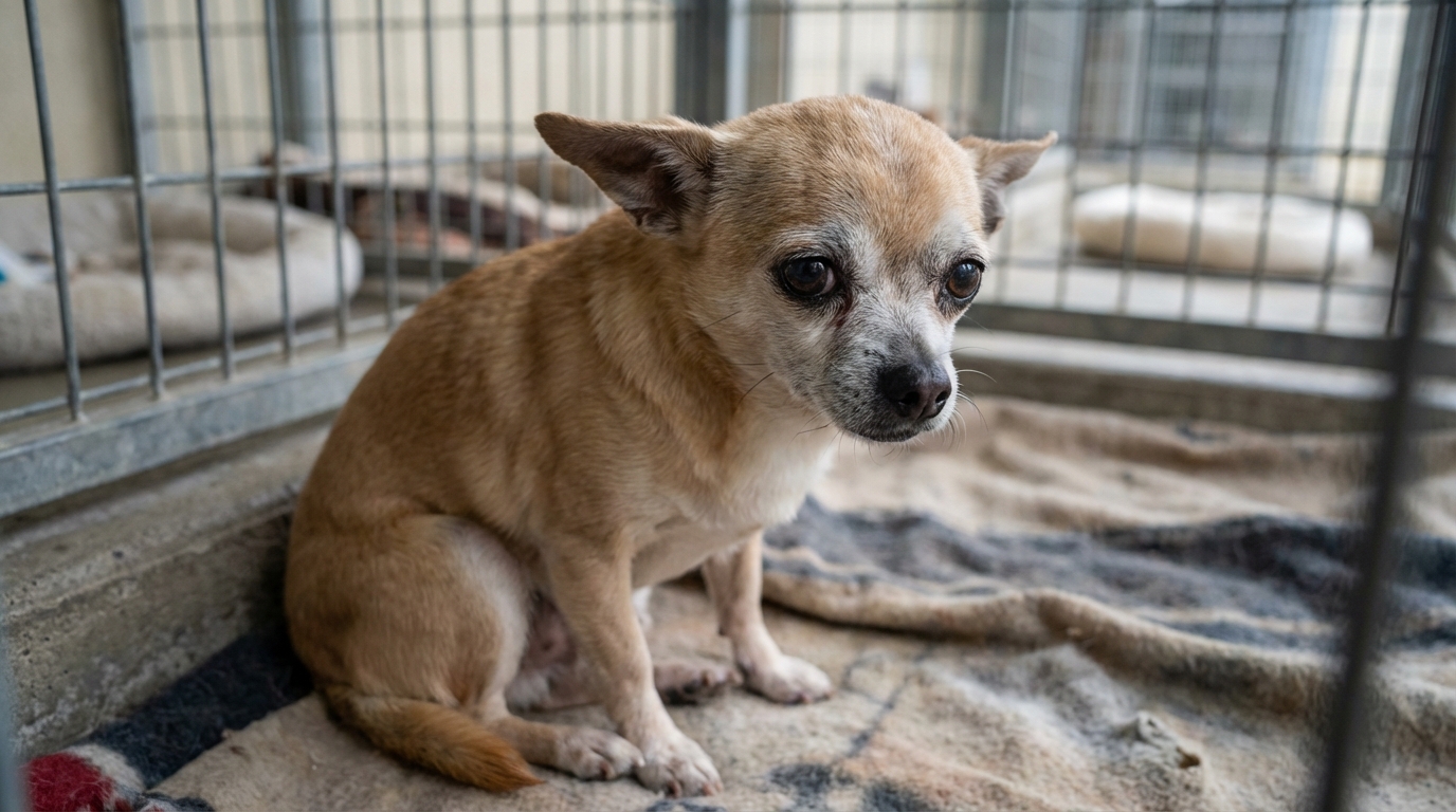 Un petit Chihuahua senior aux yeux tristes est assis dans son box au refuge, espérant être adopté par une famille aimante.