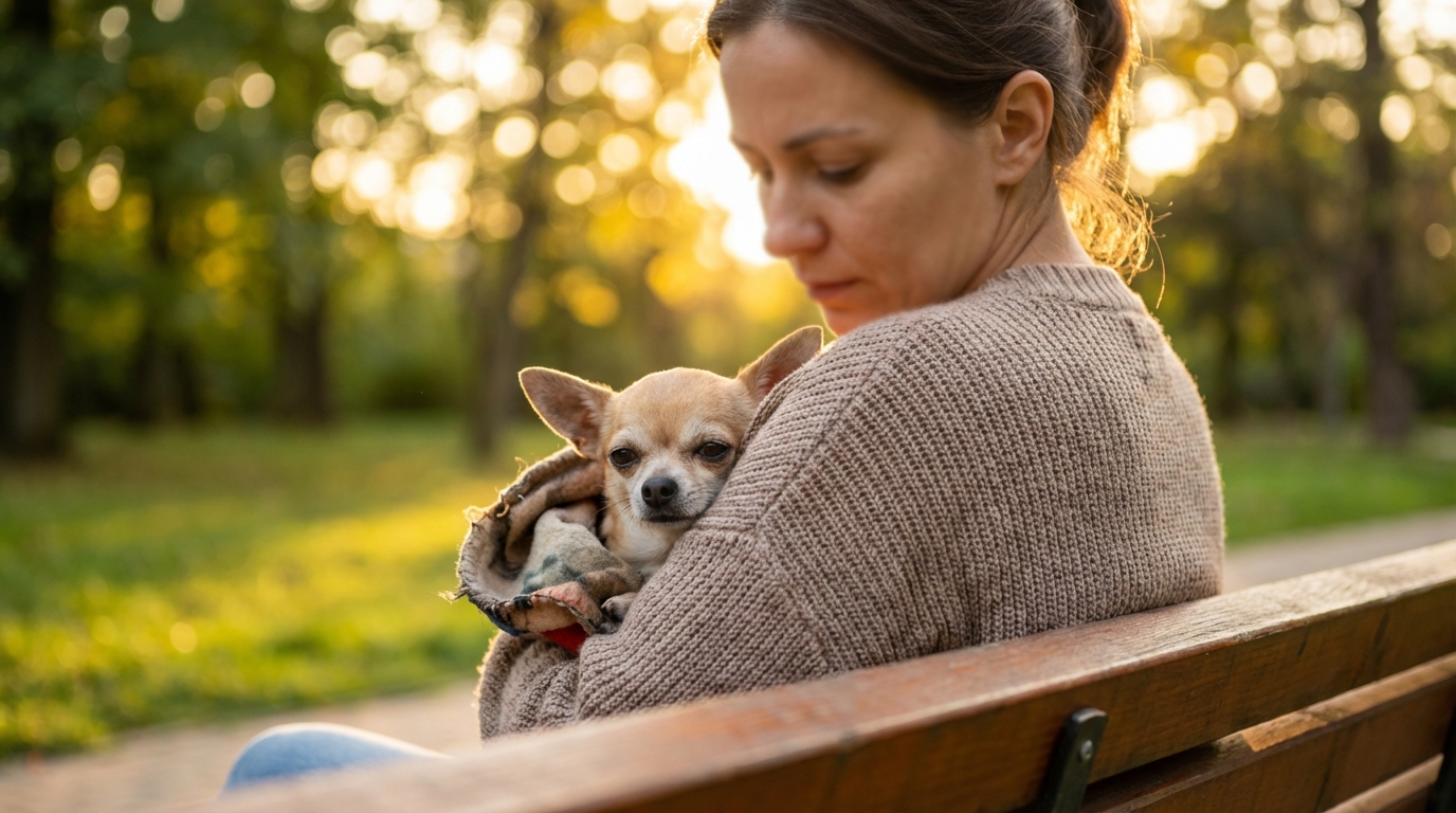 Un petit chihuahua au regard doux, tenu délicatement dans les bras réconfortants de sa propriétaire, symbolisant la perte et le deuil d'un animal.