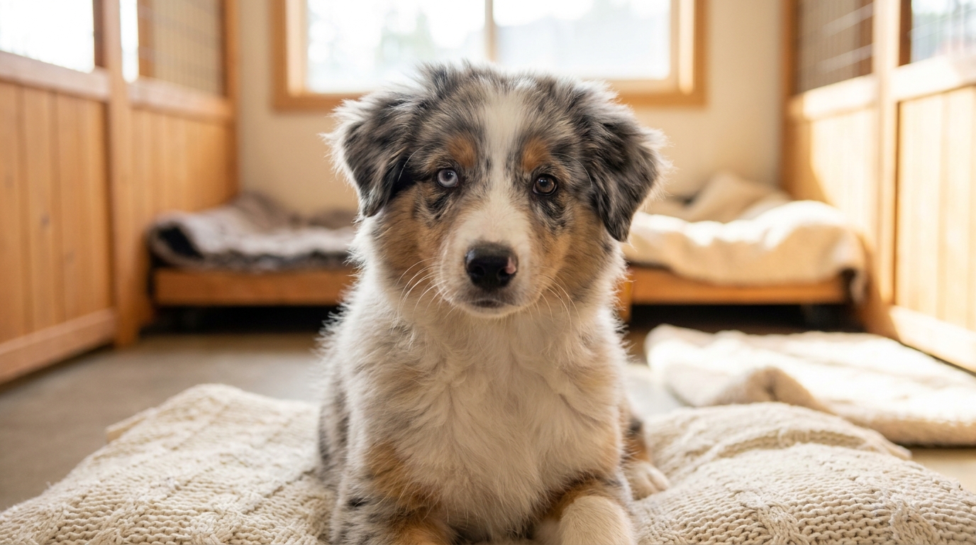 Adorable chiot Berger Australien tricolore de 4 mois, Agathe, assise et regardant avec curiosité, attendant son adoption au refuge.