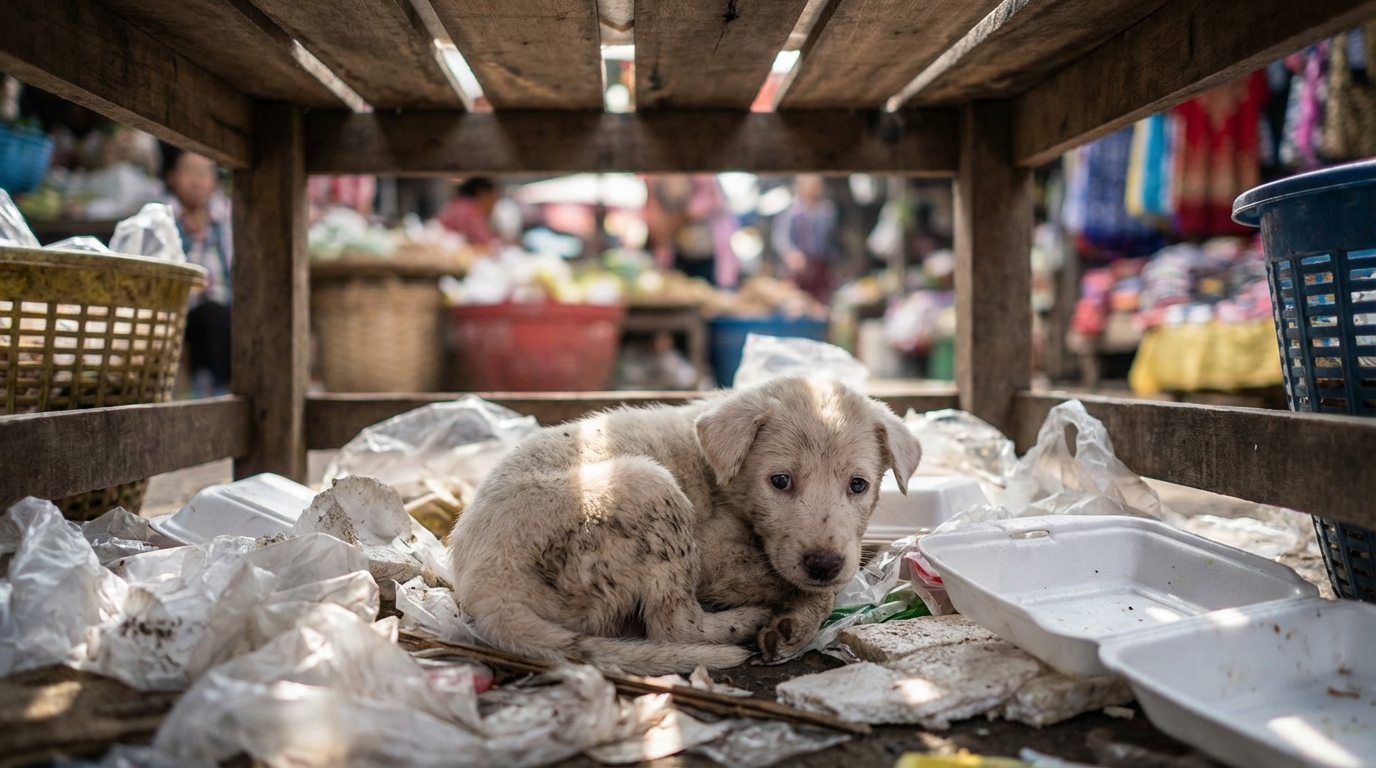 Un petit chiot blanc à l'air triste, couché sur un tas de détritus dans un marché animé, attendant d'être secouru.