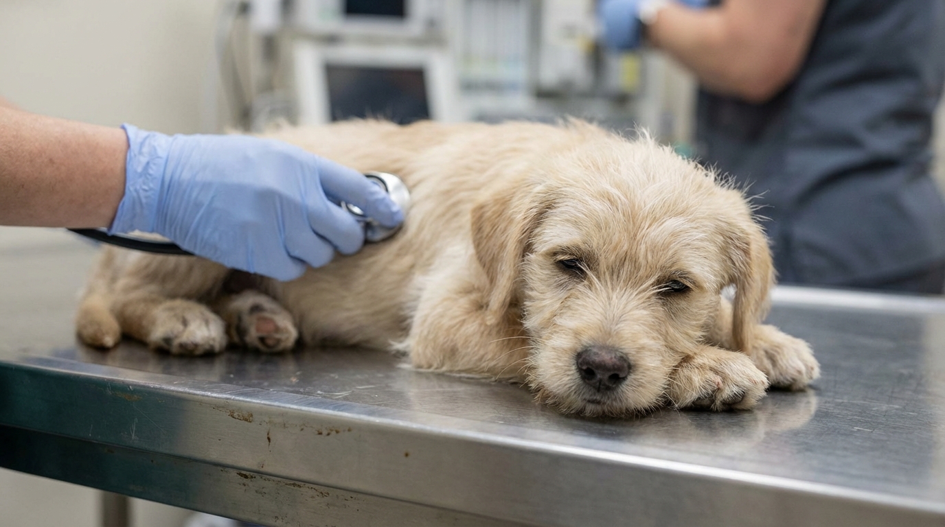 Un jeune chiot au regard triste, visiblement affaibli, est examiné avec soin par un vétérinaire. L'image évoque la gravité de la parvovirose.