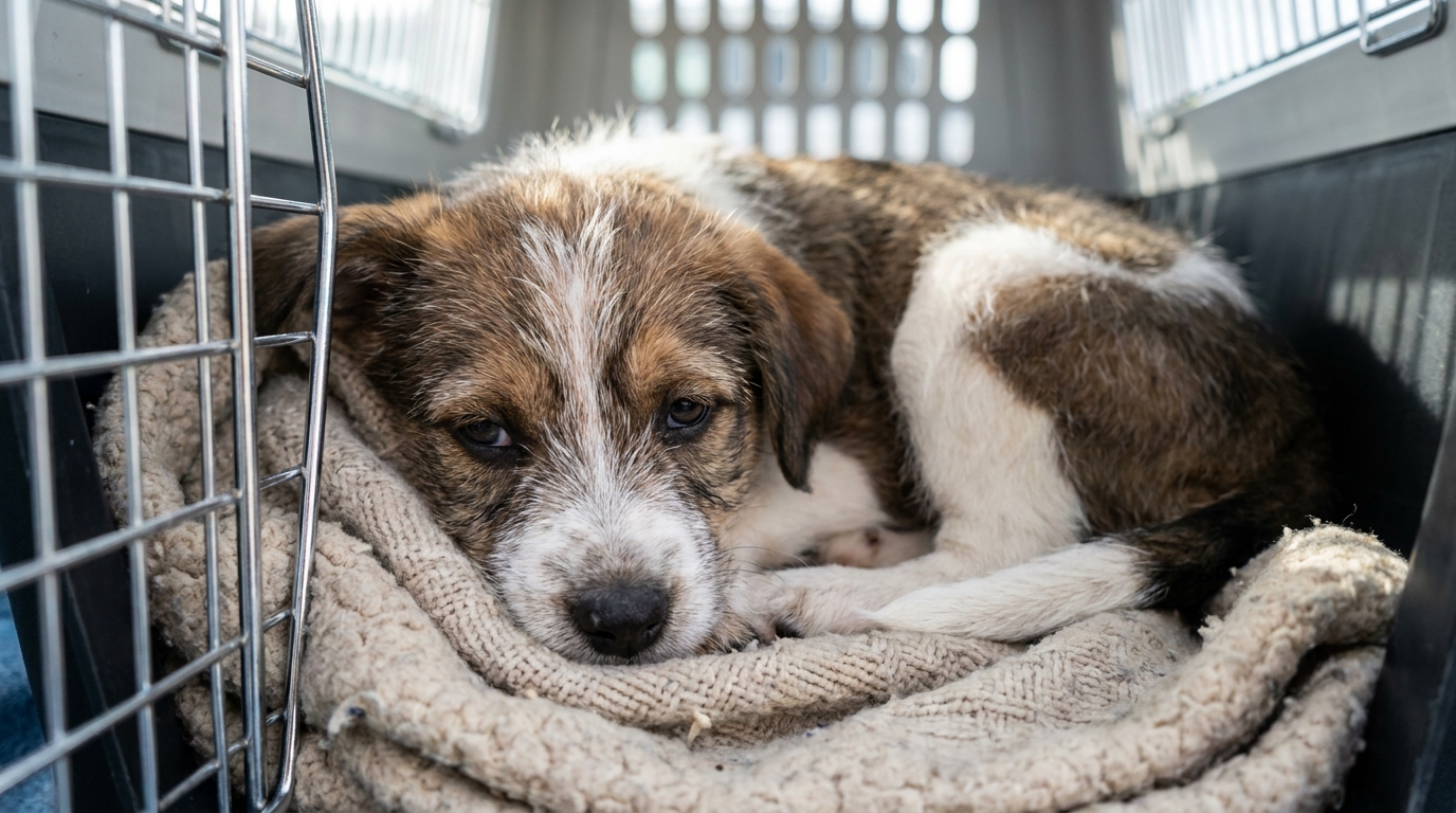 Un chiot au regard triste dans un refuge, symbolisant l'appel à l'aide de l'association Adeo Animalis.