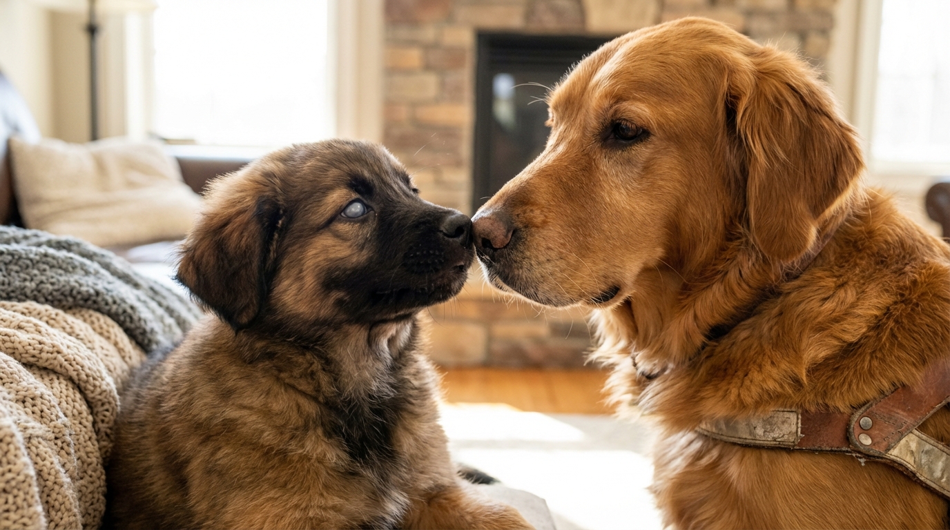 Le jeune chiot Bahia, un croisé Malinois et Berger Australien aveugle, regarde vers l'objectif avec une expression touchante.