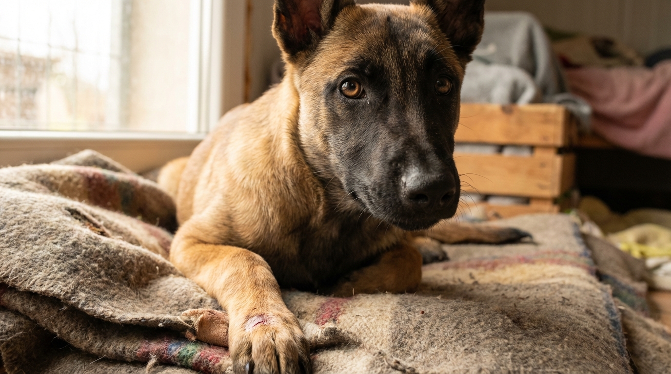 Un jeune chiot Malinois au regard doux et expressif, symbolisant la résilience et l'espoir après une épreuve terrible.
