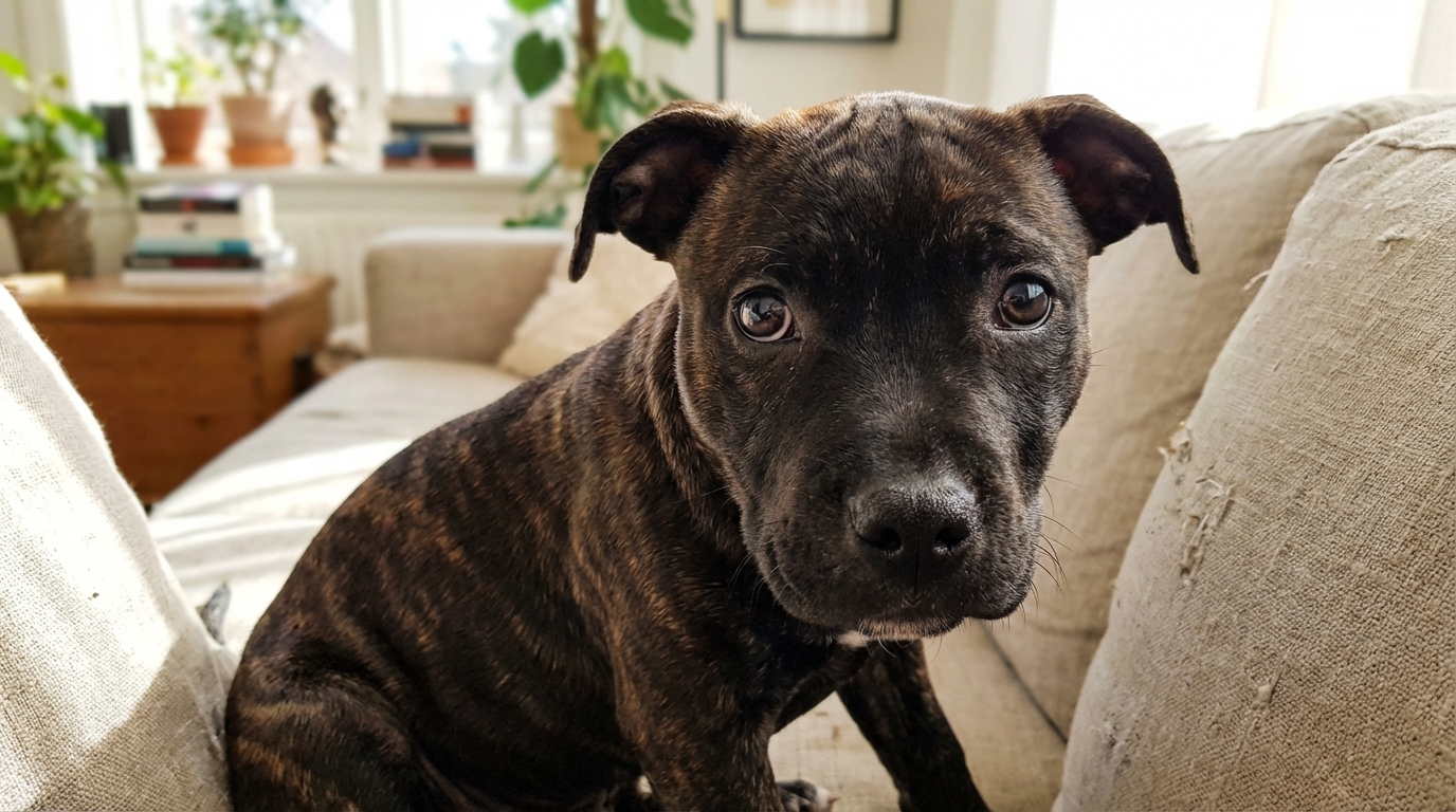 Un chiot Staffordshire bull terrier regarde tristement, symbolisant les victimes du trafic illégal d'animaux de compagnie.