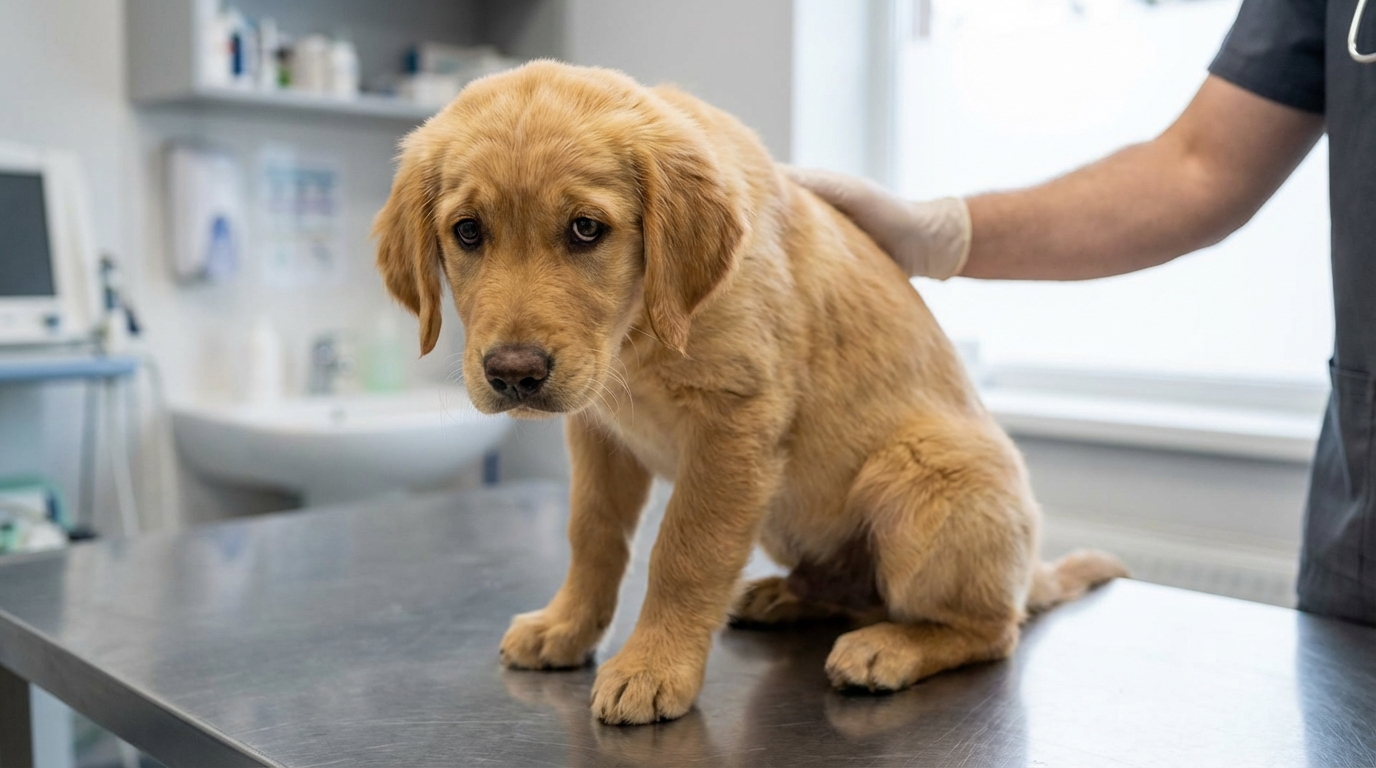 Un jeune chiot au regard inquiet est assis sur une table d'examen chez le vétérinaire, une main bienveillante posée sur son dos.
