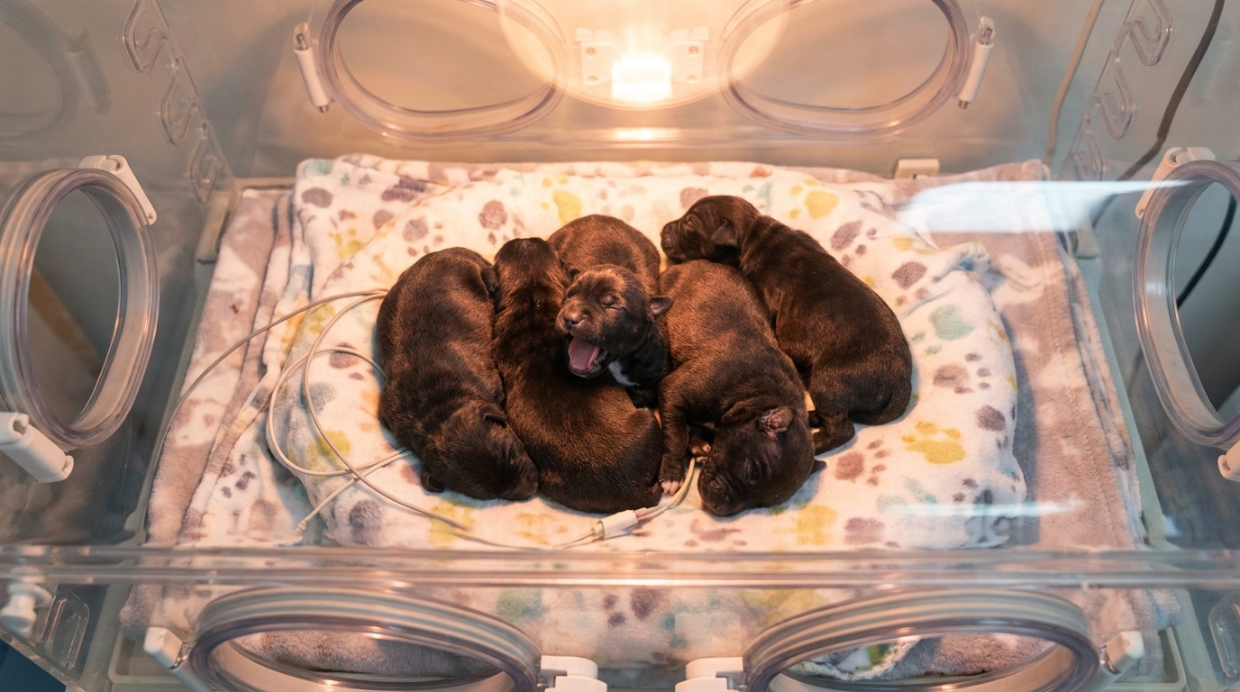 Une portée de sept chiots de type Staffordshire Bull Terrier dormant serrés les uns contre les autres dans un panier chaud et douillet.