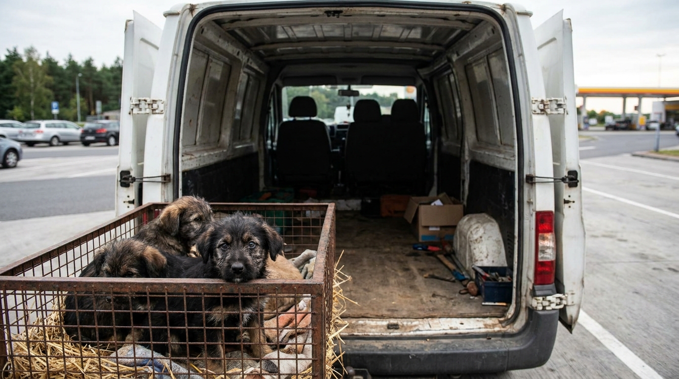 Un policier en uniforme tient délicatement dans ses bras un petit chiot effrayé, le réconfortant après son sauvetage d'un fourgon de trafiquants.