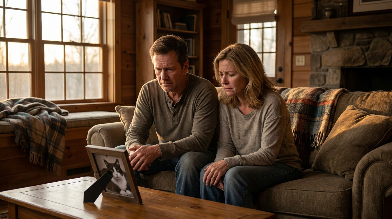 Un homme et une femme se réconfortent mutuellement sur un canapé, le visage empreint de tristesse, se remémorant leur chat disparu.