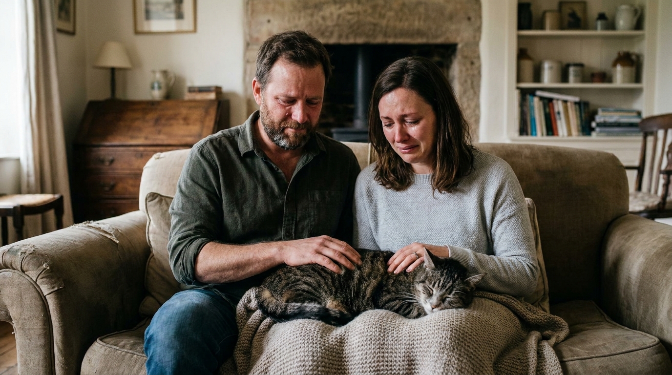 Un homme et une femme regardent avec tendresse leur chat tigré âgé, blotti dans une couverture sur leurs genoux, le visage empreint de tristesse.