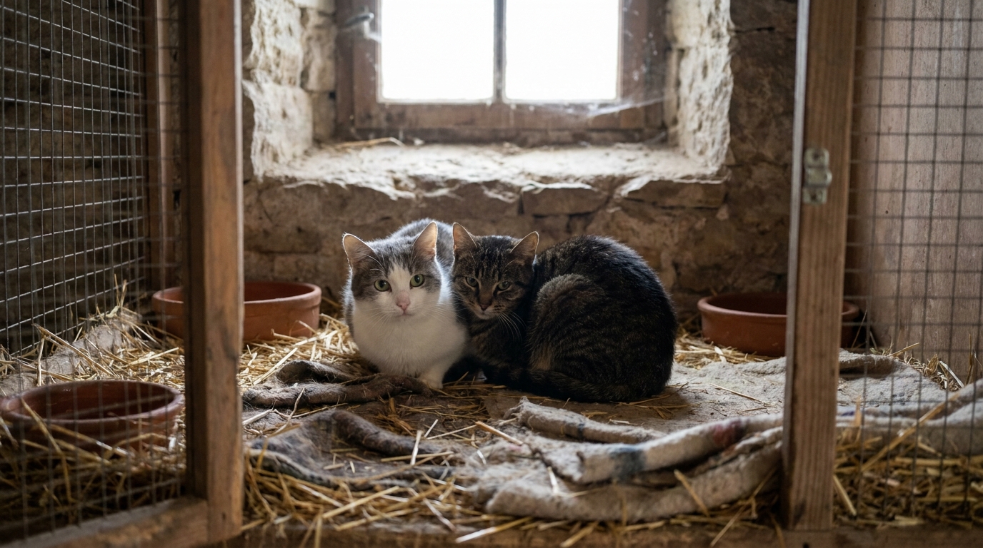 Nuage et Poussière, deux chats timides blottis dans leur box au refuge de Manosque, attendent une adoption.
