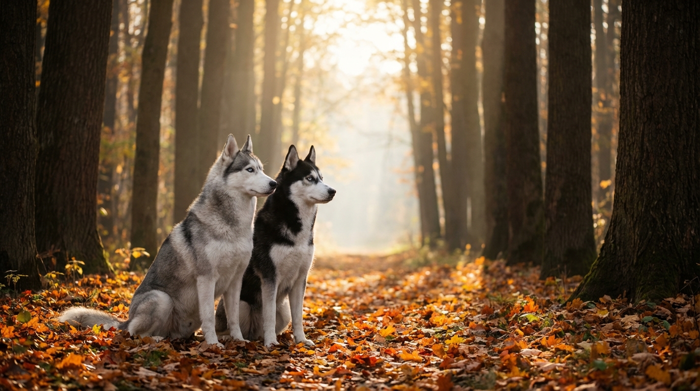 Deux magnifiques chiens huskies au regard bleu perçant, l'un à côté de l'autre, symbolisant leur lien fraternel avant le drame.